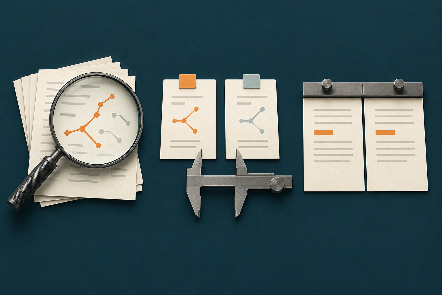 Conceptual illustration: a magnifier examines evidence, paired cards represent alternatives, and aligned records represent checking a result.