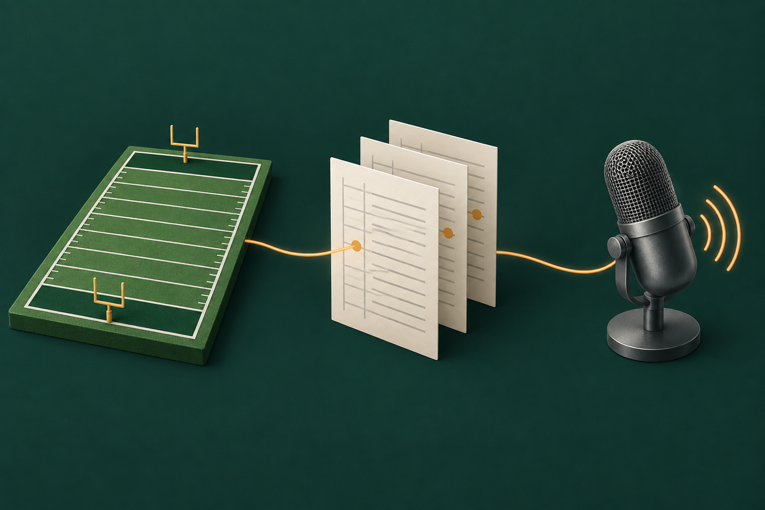 Conceptual illustration: a miniature football field connects to paper event records, then to a broadcast microphone.