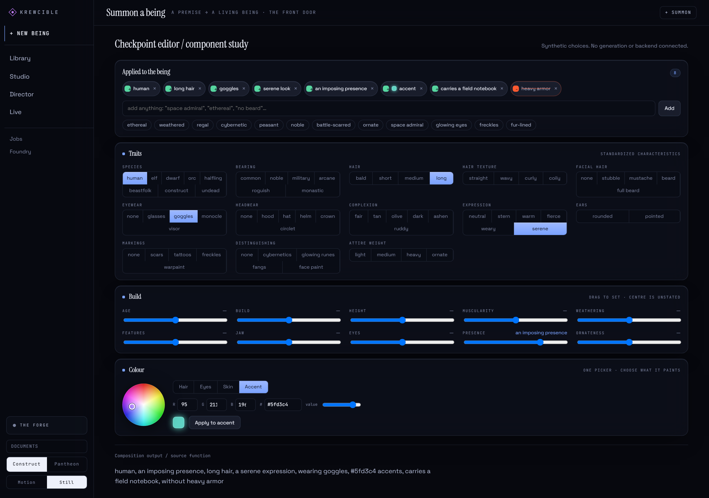 The Krewcible checkpoint editor after the changes: eight applied items with heavy armor crossed out, trait buttons, build sliders, the color picker set to Accent, and the written description at the bottom.